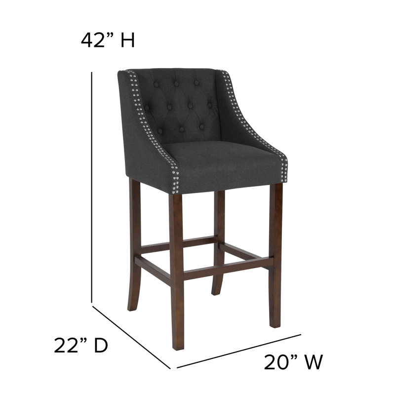Charcoal Tufted 30" Wood Bar Stool with Nail Trim