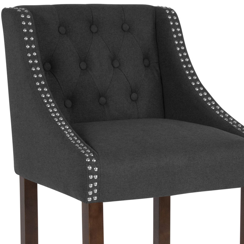Charcoal Tufted 30" Wood Bar Stool with Nail Trim