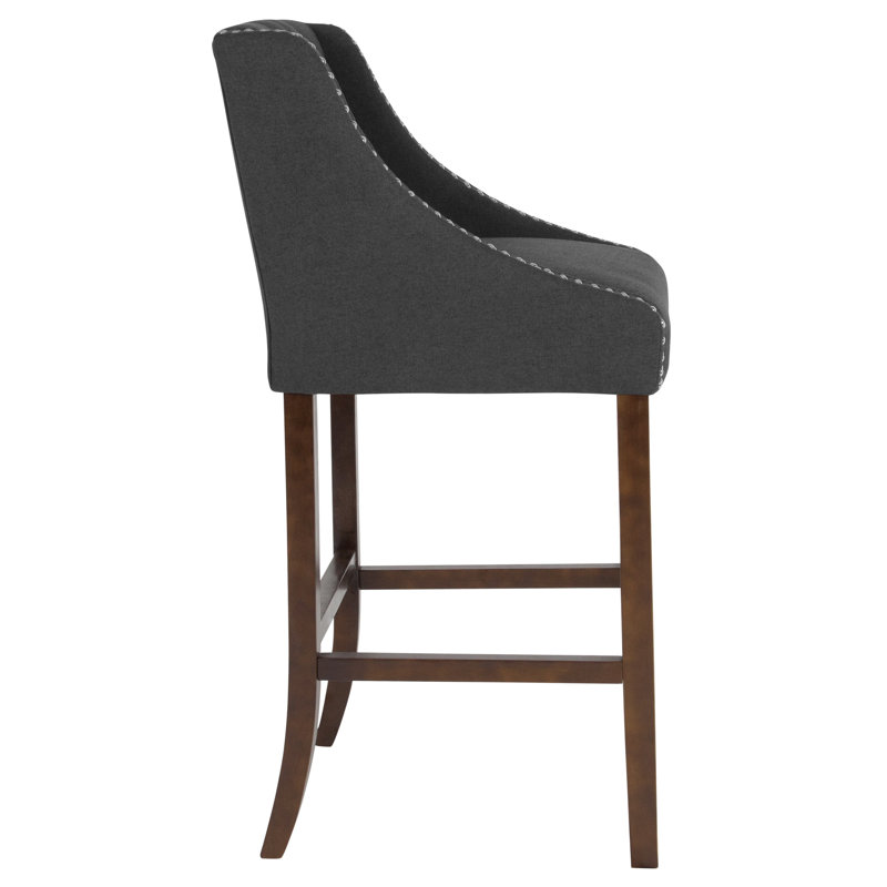 Charcoal Tufted 30" Wood Bar Stool with Nail Trim