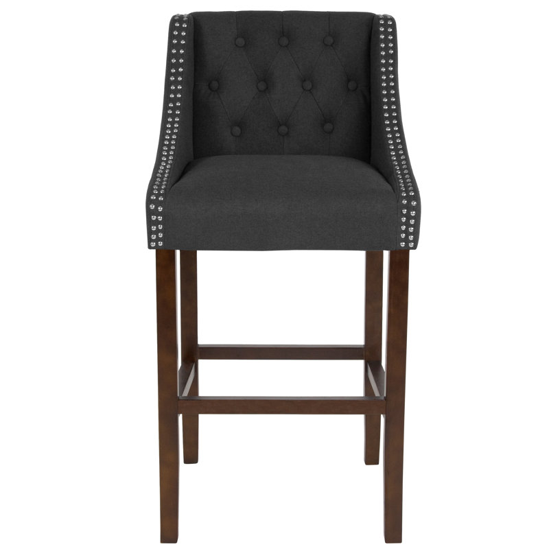 Charcoal Tufted 30" Wood Bar Stool with Nail Trim