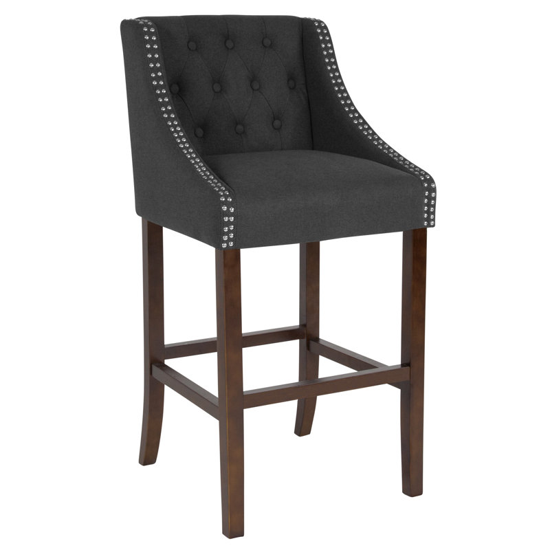 Charcoal Tufted 30" Wood Bar Stool with Nail Trim