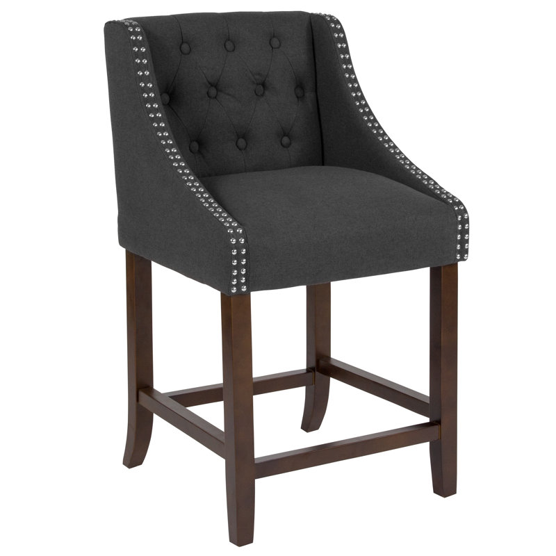 Transitional Charcoal Fabric Tufted Walnut Wood Counter Stool, Set of 2