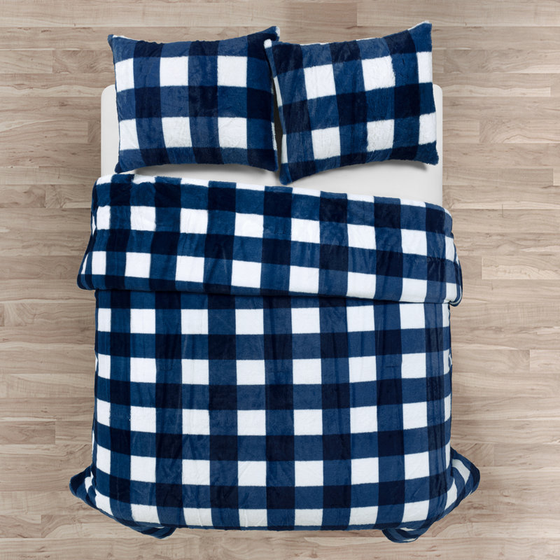 Navy and White Plaid Faux Fur Twin Comforter Set