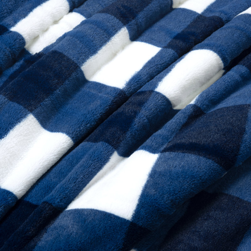Navy and White Plaid Faux Fur Twin Comforter Set