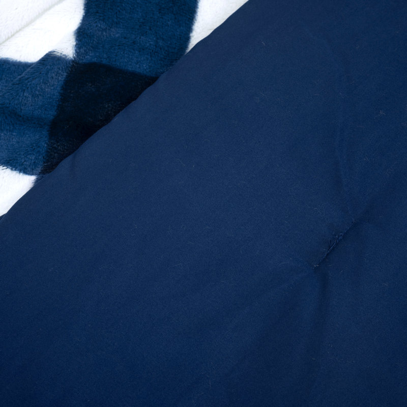 Navy and White Plaid Faux Fur Twin Comforter Set