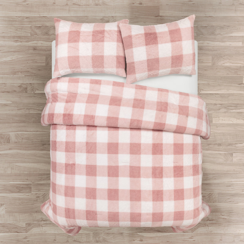Blush Plaid Faux Fur Twin Comforter Set