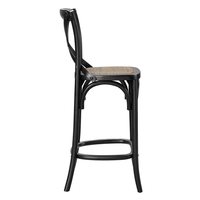 Black Elm Wood Counter Stool with Woven Rattan Seat