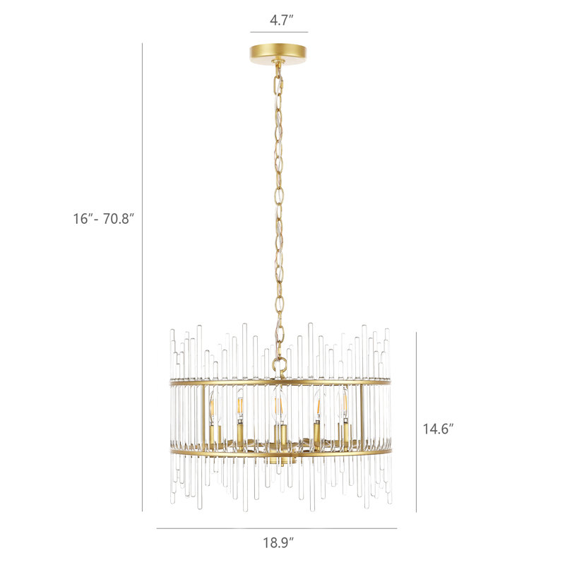 Gold and Crystal 5-Light Drum Chandelier with Glass Rods