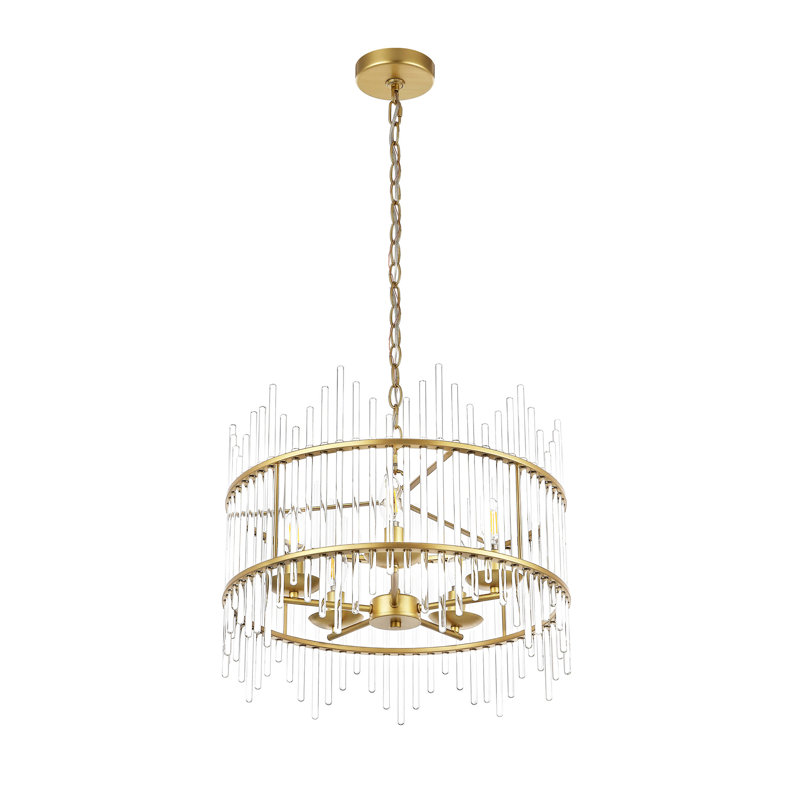 Gold and Crystal 5-Light Drum Chandelier with Glass Rods