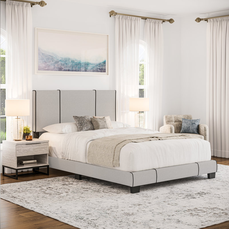Lucena Off-White Linen Upholstered Full Platform Bed with Drawer