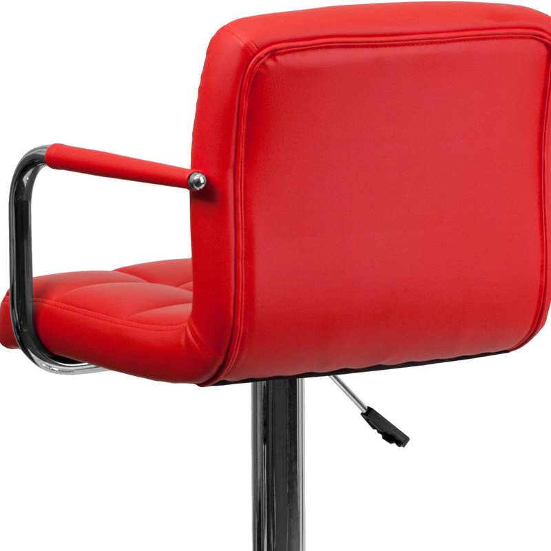 Red Adjustable Height Swivel Leather Bar Stool with Metal Base