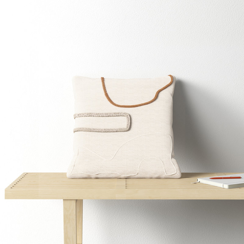 22'' x 22'' Beige and Brown Wool Embroidered Throw Pillow