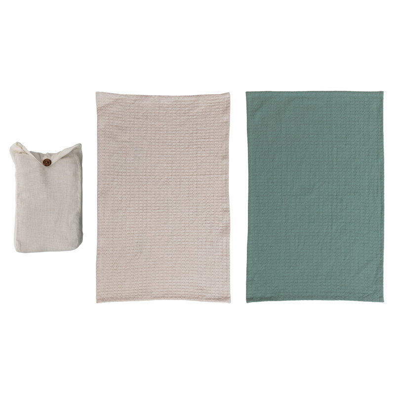 Natural and Blue Cotton Waffle Weave Tea Towels Set