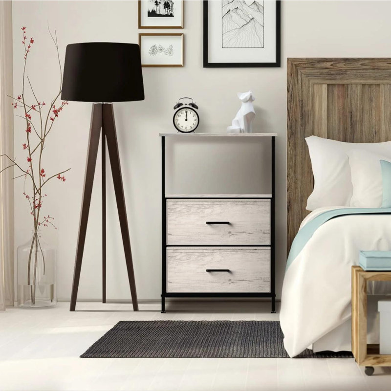 Cream 2-Drawer Nightstand with Steel Frame and Wood Top
