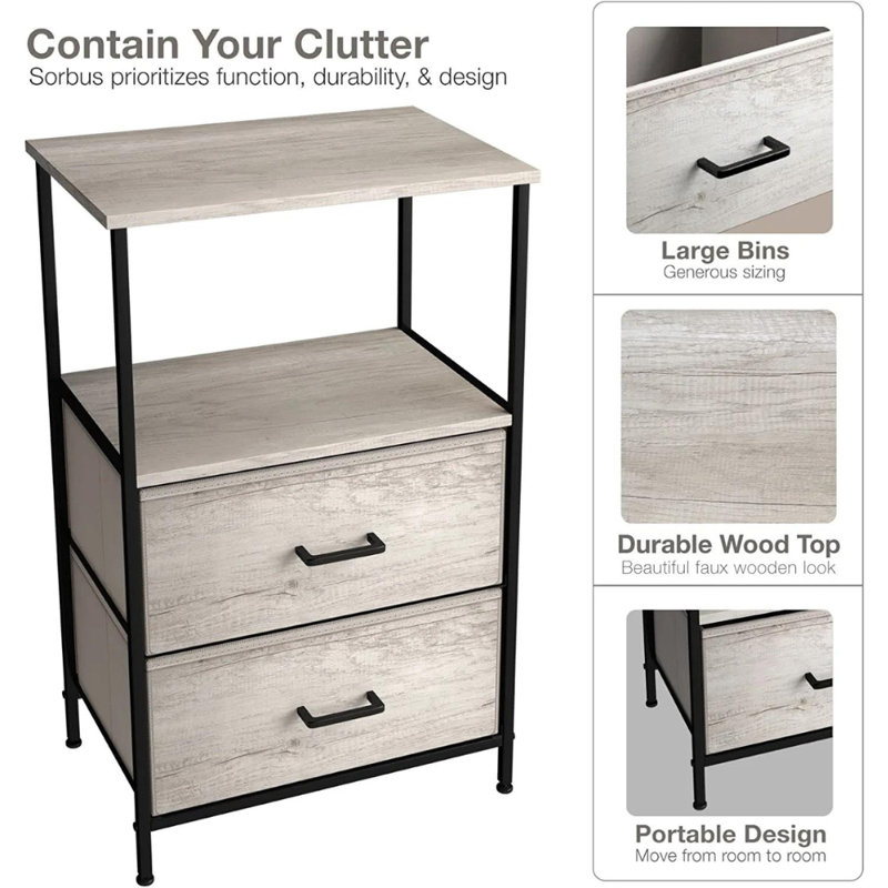 Cream 2-Drawer Nightstand with Steel Frame and Wood Top