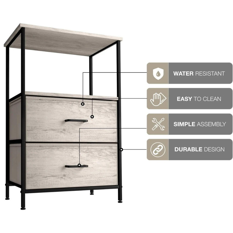 Cream 2-Drawer Nightstand with Steel Frame and Wood Top