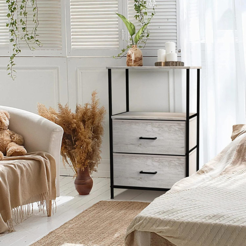 Cream 2-Drawer Nightstand with Steel Frame and Wood Top