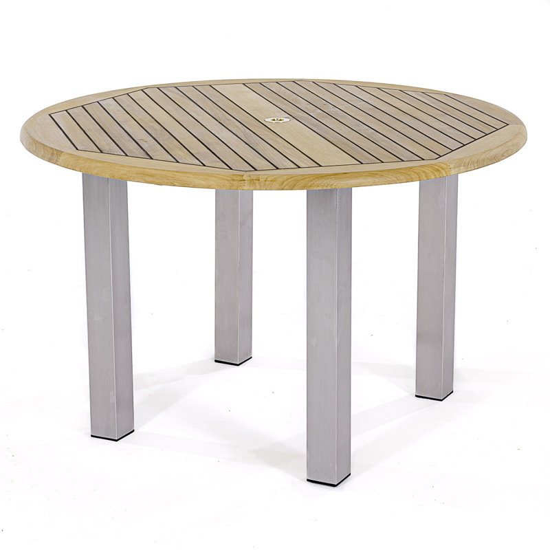 Round Teak and Stainless Steel Outdoor Dining Table
