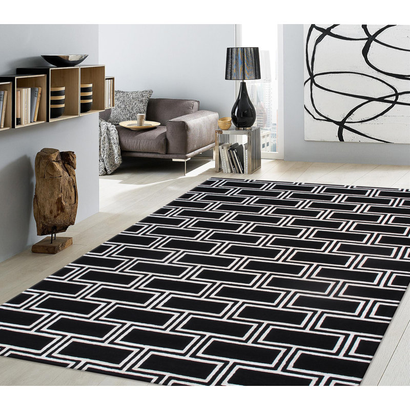 Black and White Rectangular Hand-Tufted Wool Rug
