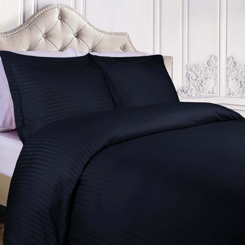 Navy Blue Striped Egyptian Cotton Twin Duvet Cover Set