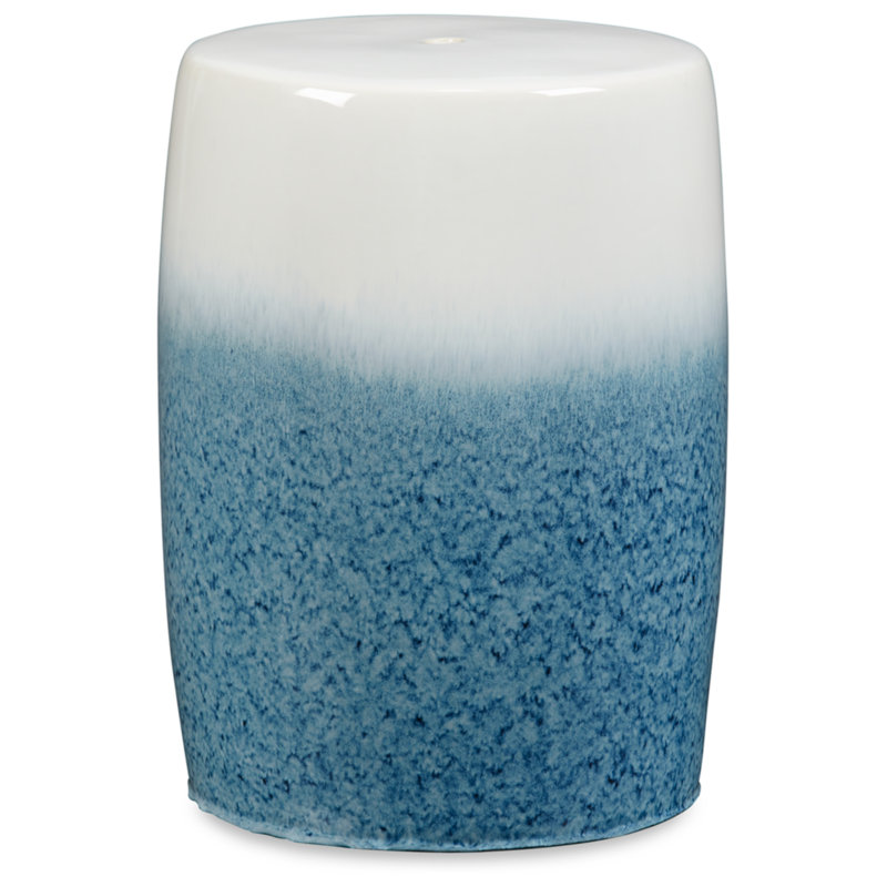 Transitional Blue and White Ceramic Accent Stool, 17.5"