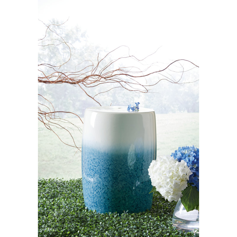 Transitional Blue and White Ceramic Accent Stool, 17.5"