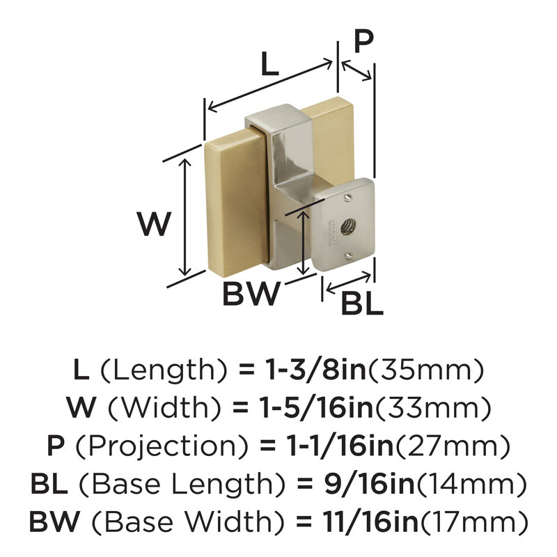 1-3/8" Brushed Gold and Satin Nickel Square Cabinet Knob
