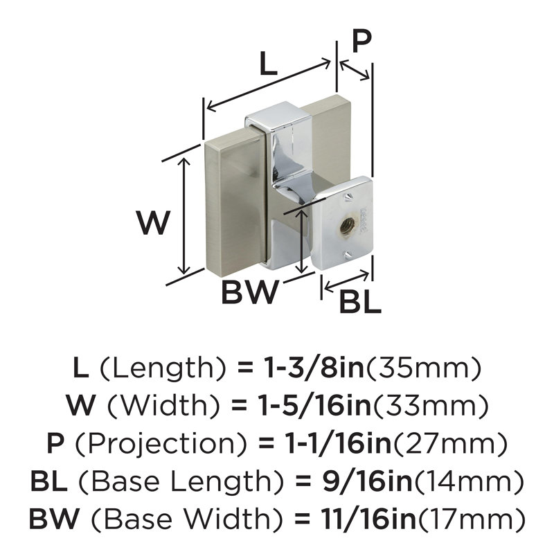 1-3/8" Satin Nickel and Polished Chrome Square Cabinet Knob