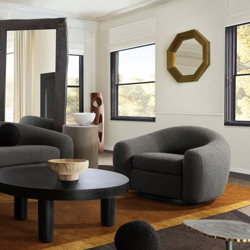 Charcoal Boucle Textured Swivel Barrel Chair