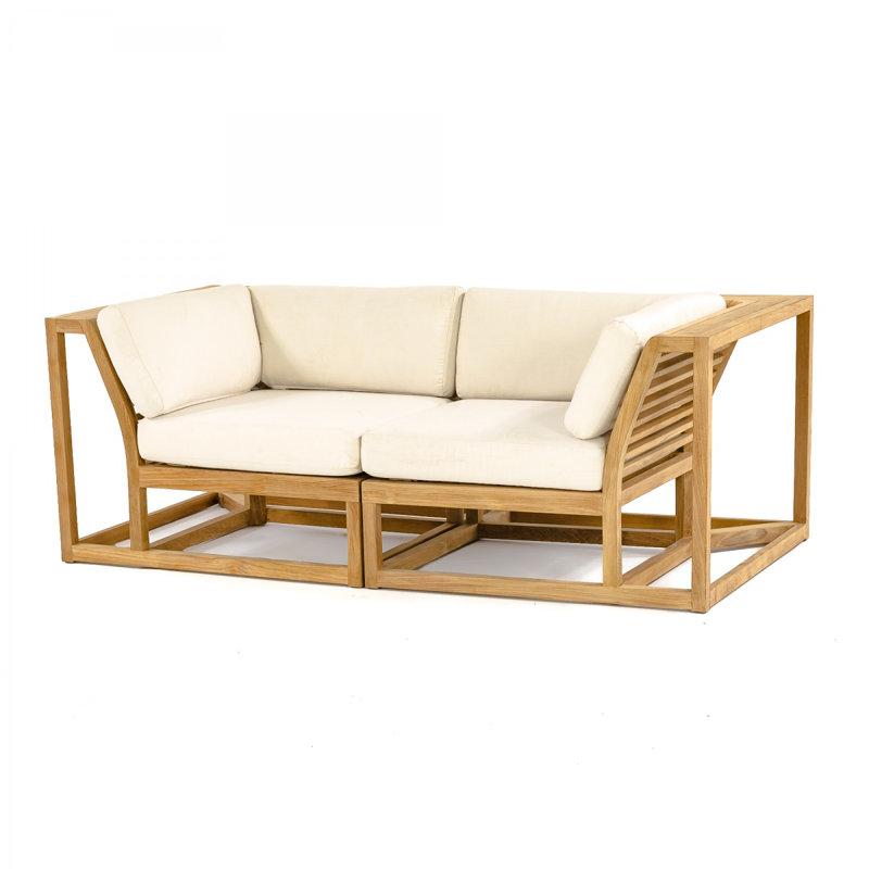 Reversible Teak Wood Outdoor Loveseat with Off-White Cushions
