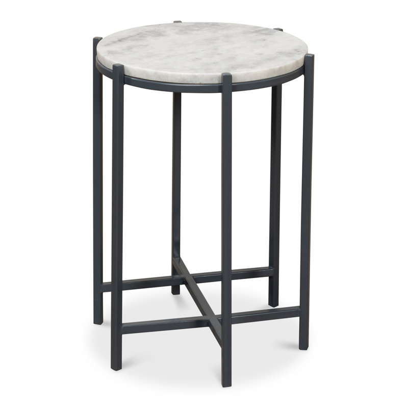 Contemporary Black Stone and Metal Round Side Table, 16"