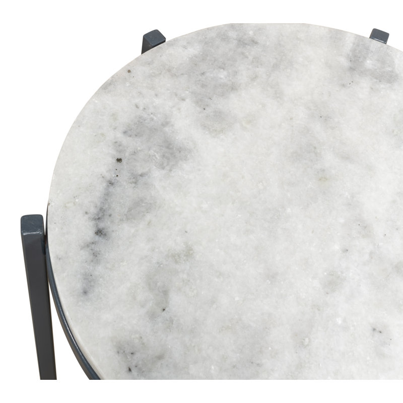 Contemporary Black Stone and Metal Round Side Table, 16"