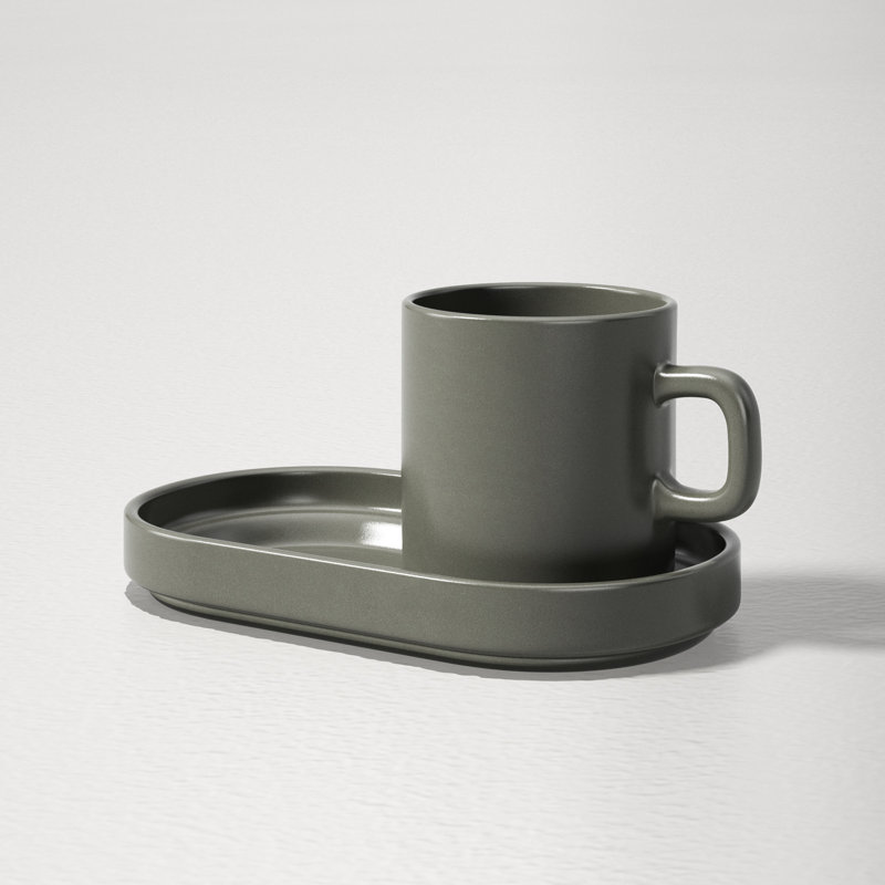 Pewter Matte & Glazed Ceramic Espresso Cup Set with Trays