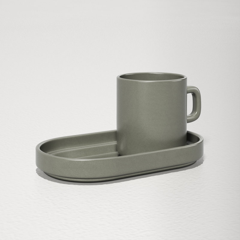 Pewter Matte & Glazed Ceramic Espresso Cup Set with Trays