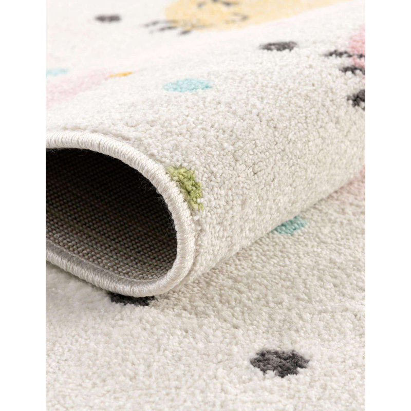 Ivory Round Kids Rug with Colorful Cat Faces