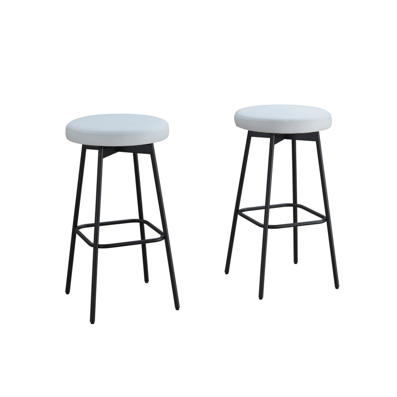 White Upholstered Swivel Barstool with Black Steel Legs, Set of 2