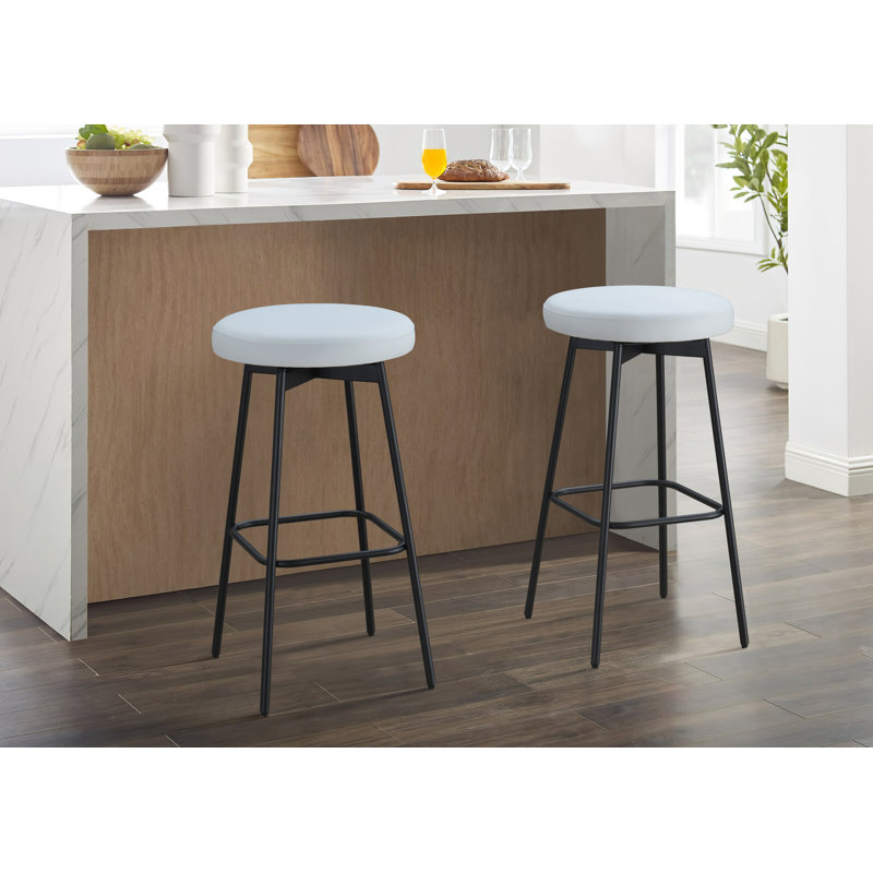 White Upholstered Swivel Barstool with Black Steel Legs, Set of 2