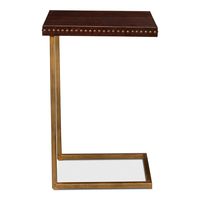 Brown Leather and Brass Rectangular Laptop End Table