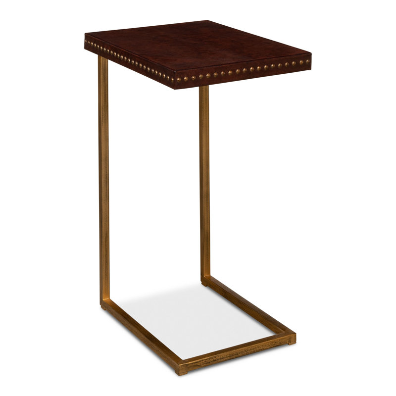 Brown Leather and Brass Rectangular Laptop End Table