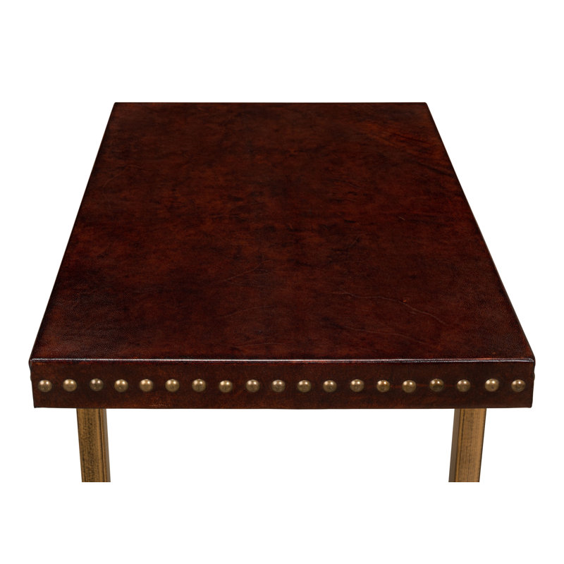 Brown Leather and Brass Rectangular Laptop End Table