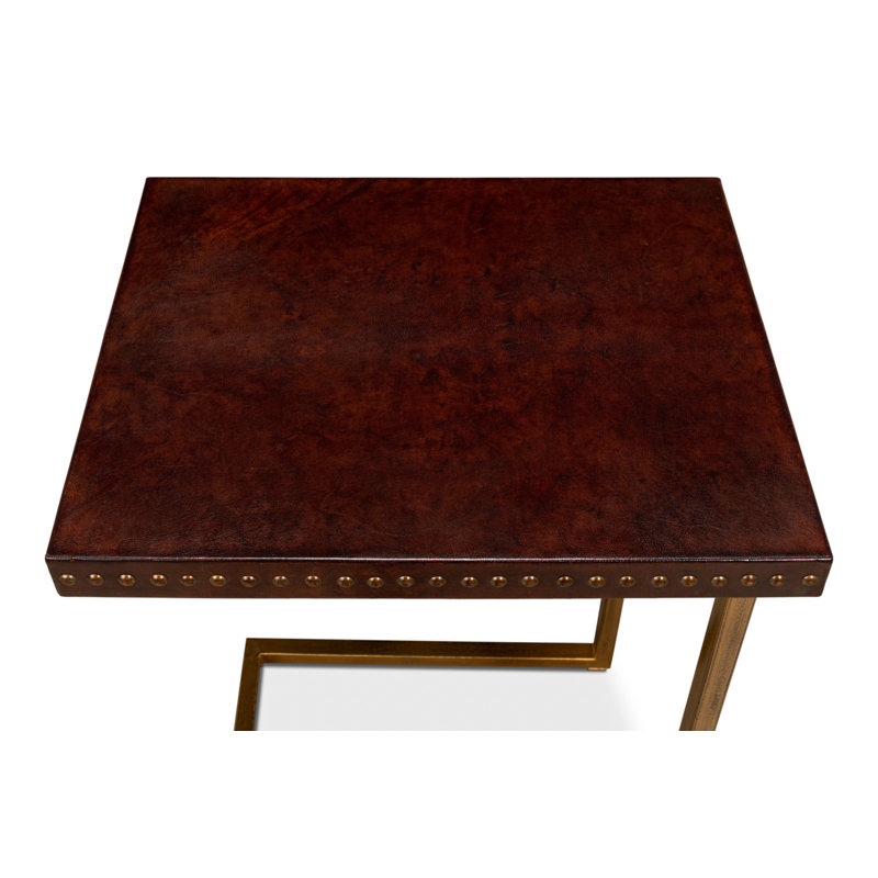 Brown Leather and Brass Rectangular Laptop End Table