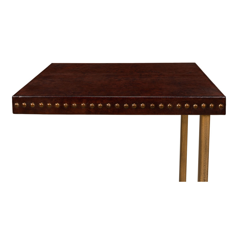 Brown Leather and Brass Rectangular Laptop End Table