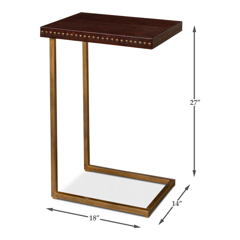 Brown Leather and Brass Rectangular Laptop End Table