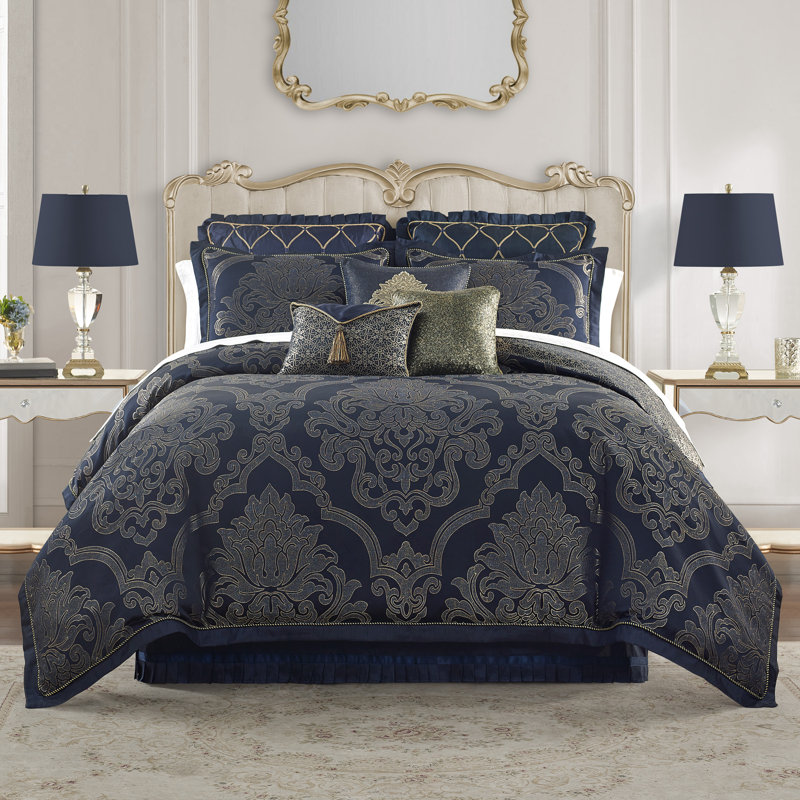 Navy and Gold Reversible Queen Comforter Set with Embroidery