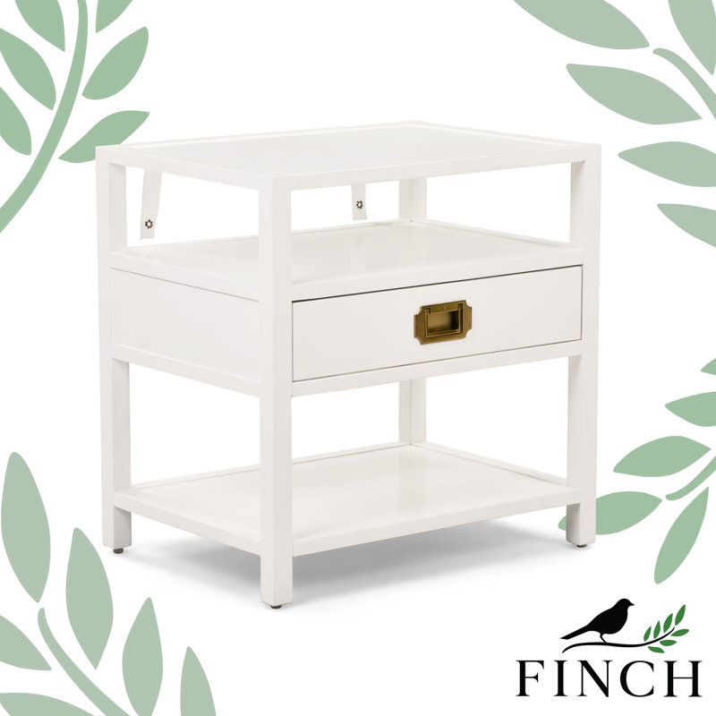 Contemporary White Wood and Brass Accent Side Table with Storage