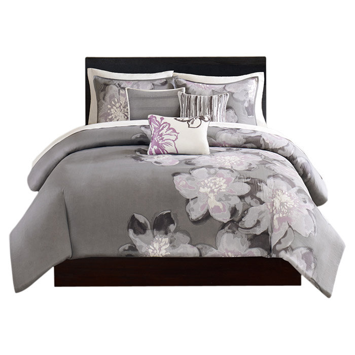Gray Floral Cotton Queen Duvet Cover Set with Shams