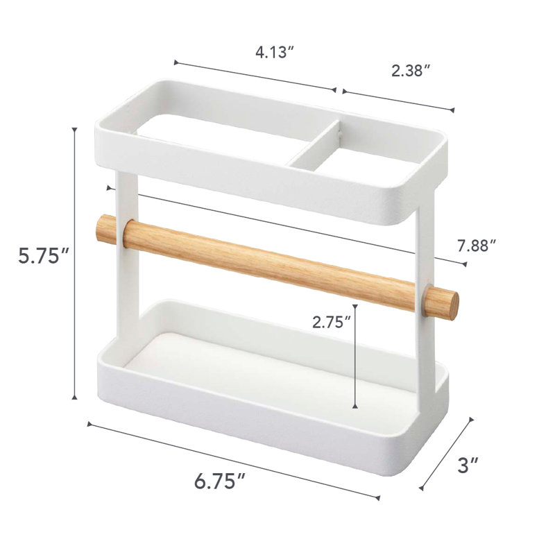 White Stainless Steel Kitchen Utensil Caddy with Wood Accents