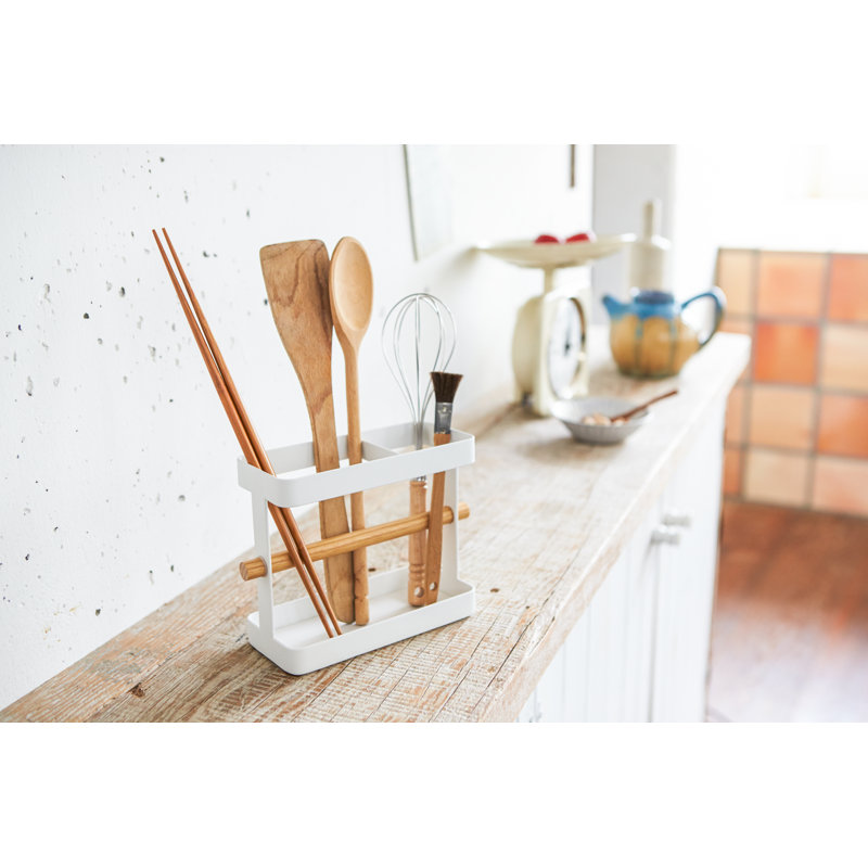 White Stainless Steel Kitchen Utensil Caddy with Wood Accents