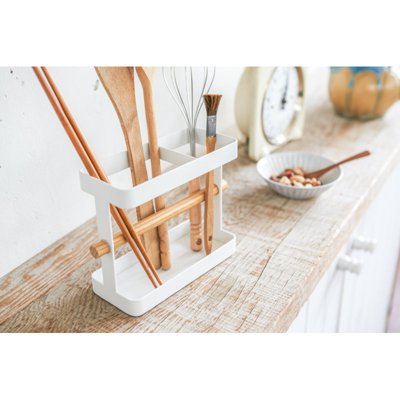 White Stainless Steel Kitchen Utensil Caddy with Wood Accents