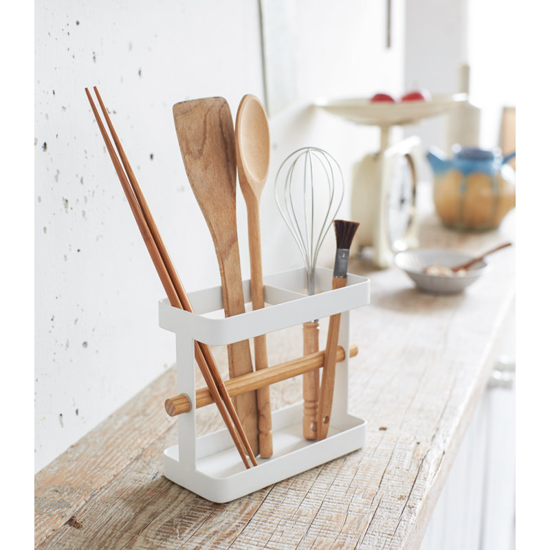 White Stainless Steel Kitchen Utensil Caddy with Wood Accents
